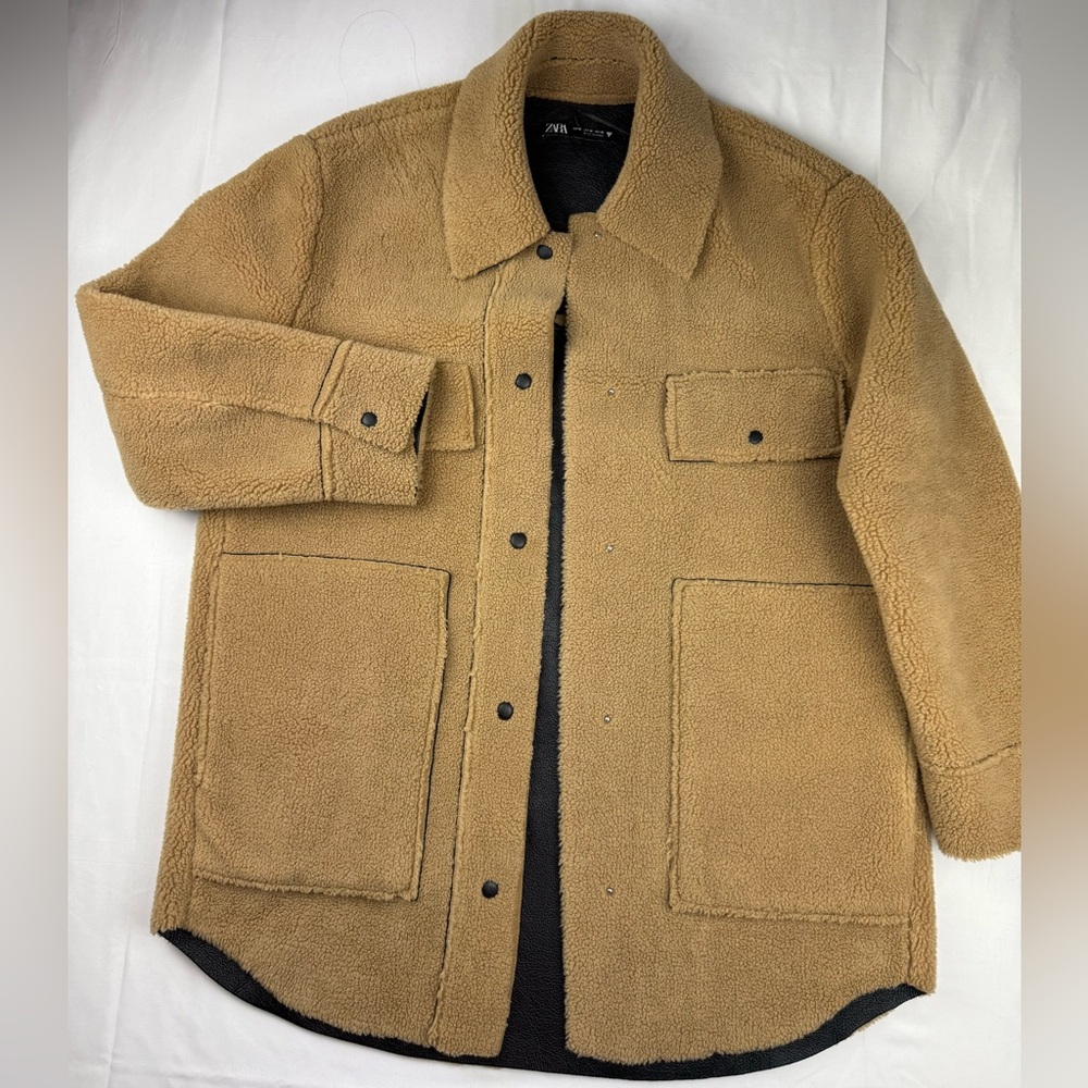 ZARA Double Faced‎ Sherpa Overshirt Jacket Tan Camel Brown size M